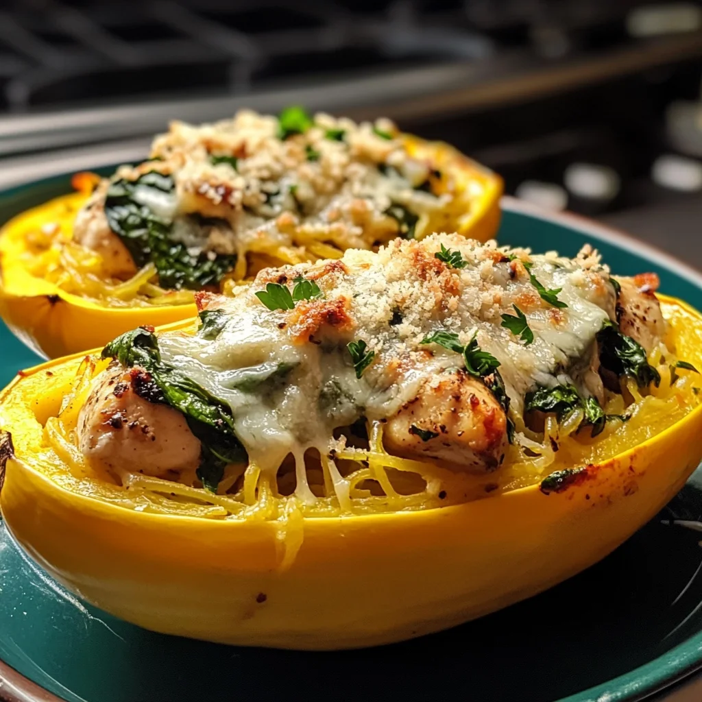 Garlic Parmesan Stuffed Spaghetti Squash with Chicken and Spinach
