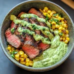Steak Avocado Roasted Corn Bowl with Cilantro Cream Sauce delights!