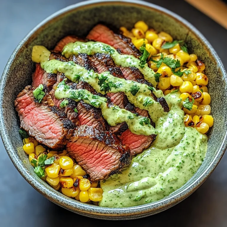 Steak Avocado Roasted Corn Bowl with Cilantro Cream Sauce delights!