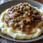 Delicious chicken hamburger Gravy Over Mashed Potatoes